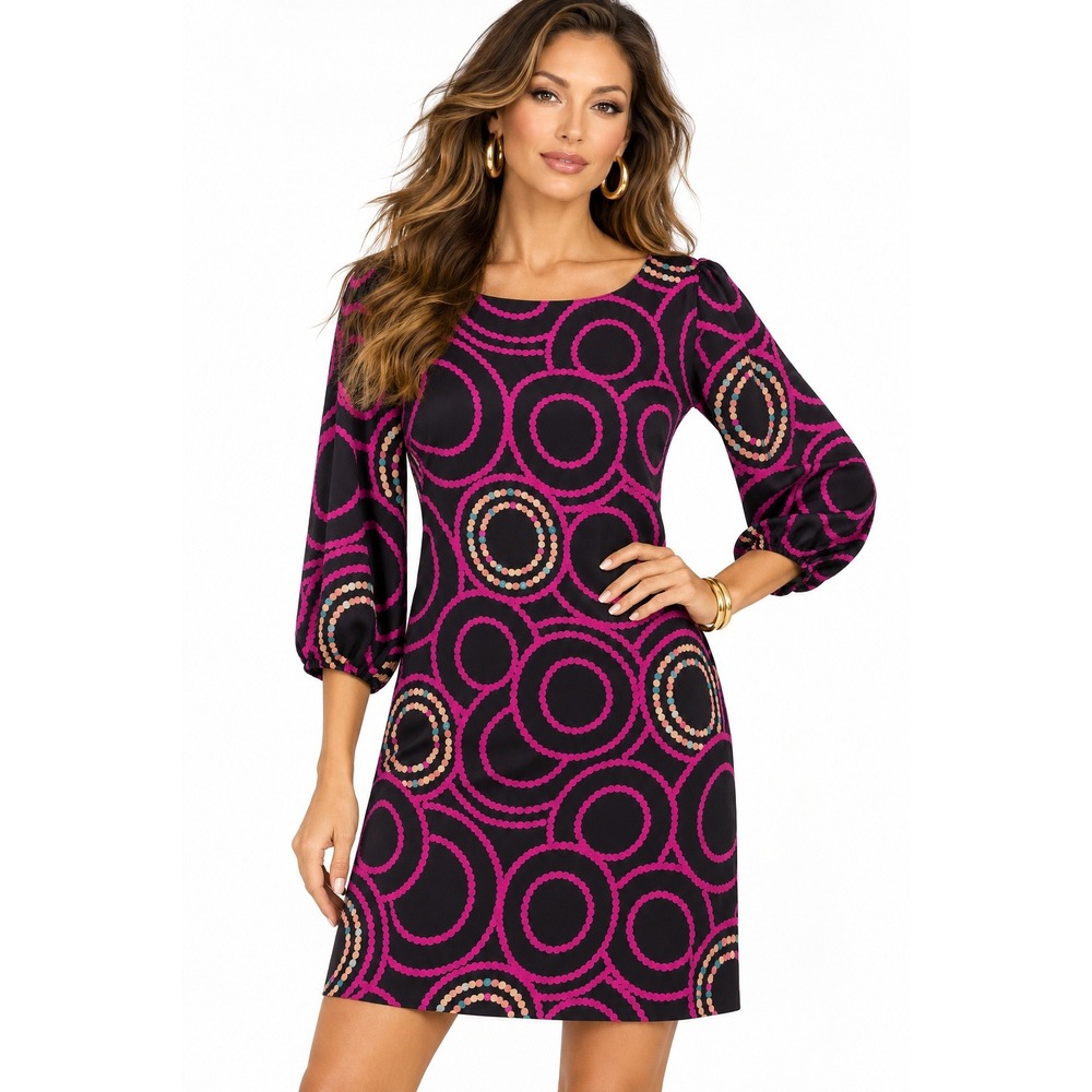 Trina Turk Silk Shift Dress Black Magenta Circle Print 3/4 Sleeve Size 8